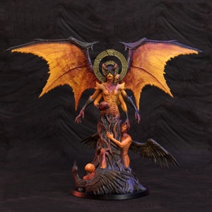 May include: A dark-skinned, winged figure with a halo and multiple arms stands on a tree trunk. The figure has a third eye on its forehead and is surrounded by two other figures with wings. The figure is painted in shades of orange, red, and black.