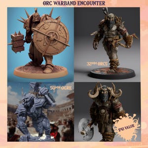 May include: An image showcasing four detailed Orc figurines. The top left features an Orc with a spiked helmet, shield, and hammer. The top right displays a 32mm Orc with a bow. The bottom left shows a Sommogre with a hammer, and the bottom right has an Orc with an axe.