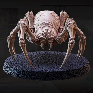 May include: A detailed, beige-colored spider figurine with multiple eyes and sharp fangs. The spider has long, pointed legs and is posed on a textured, dark gray circular base. The figurine is likely for tabletop gaming or display.