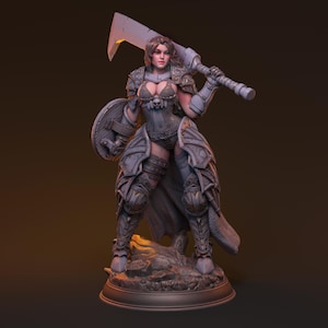 May include: A detailed figurine of a female warrior in ornate armor, holding a large sword and shield. The figure is in a dynamic pose, with intricate detailing on the armor and weapon. The color palette is primarily gray and brown, with a focus on the textures of the materials.