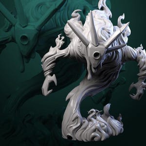 May include: A white, detailed, 3D printed miniature of a creature with a spiky, flame-like body and a pointed head. The creature is posed in a dynamic, leaping stance.