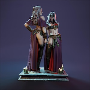 May include: A fantasy figurine featuring two female figures with long white hair, wearing ornate purple and black attire. The figures stand on a platform with candles, with a dark purple background.