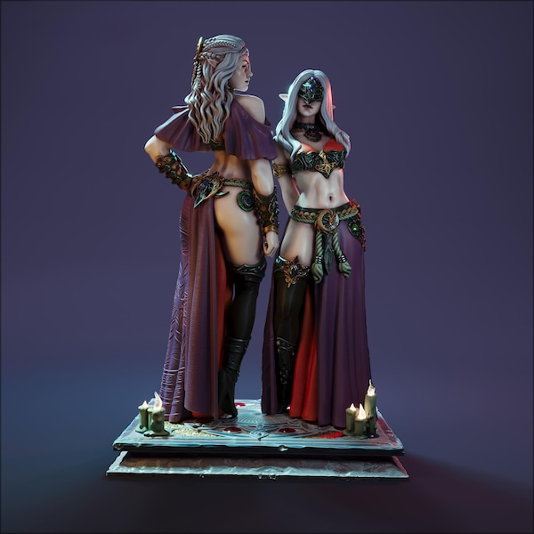 Drow Sorceress Miniature Set Dark Elf Cultists, Shadow Priestess Duo, Seductive Drow Characters, Fantasy Villain Set, DnD Drow Mini