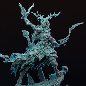 May include: A detailed, gray, 3D printed figurine of a female figure with antlers, a feathered headdress, and a leafy, flowing dress. The figure holds a sword in one hand and a bow in the other. The figure is standing on a base made of tree roots and leaves.