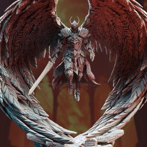 May include: A detailed, gray, 3D printed figurine of an angel warrior with large, feathered wings. The angel is wearing armor and holding a sword. The figurine is posed in a dramatic, flying position.