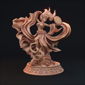 May include: A detailed sculpture of a dancing figure in flowing robes, holding a tambourine. The figure is in a dynamic pose, with long, flowing hair and intricate details. The sculpture is a warm, earthy tone, set against a dark background.
