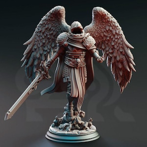 May include: A detailed miniature figurine of an angel warrior with large feathered wings, wearing armor and holding a sword. The figurine is painted in shades of gray and brown, and stands on a circular base.