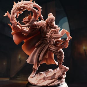 May include: A detailed figurine of a wizard in a flowing robe, conjuring a fiery spell. The wizard stands on a rocky base, with a book in one hand and a swirling flame in the other. The figure is a reddish-brown color.