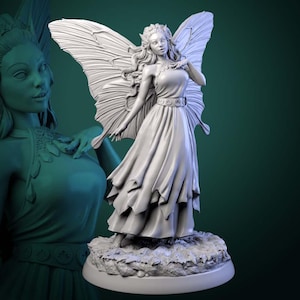 May include: A detailed sculpture of a fairy with large, textured wings. The fairy is depicted in a flowing gown and stands on a base of sculpted foliage. The sculpture is a light gray color, with intricate details.