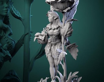 May include: A gray, detailed sculpture of a female figure with pointed ears, standing with a large flower and leaves. The figure is wearing a dress with a belt and holding a small flower in her hand.