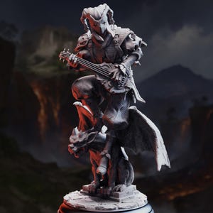 May include: A detailed statue of a figure playing a stringed instrument, perched atop a gargoyle. The figure wears a helmet and armor, with a medieval fantasy aesthetic. The statue is gray with a dark background.