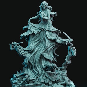 May include: A gray, detailed, 3D printed miniature sculpture of a female figure with flowing robes and a crown, standing on a base with other figures. The sculpture is a fantasy or mythical theme.