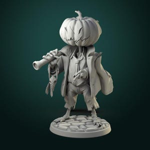 May include: A gray 3D printed miniature of a pumpkin-headed figure wearing a suit and holding a pipe. The figure has a carved pumpkin head with a menacing expression and is standing on a circular base.