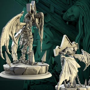 May include: A detailed, white, 3D printed miniature of a winged figure with a long, flowing mane, bound to a wooden cross. The figure is adorned with chains and spikes, and the wings are spread wide. The miniature is set on a rocky base with spikes.