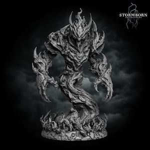 May include: A dark gray, highly detailed resin miniature figurine of a flame-like elemental creature with sharp, jagged edges, clawed hands, and a swirling base. The text "STORMBORN COLLECTIBLES" is printed in the upper right corner of the image.