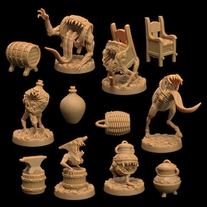 May include: A set of 11 miniature fantasy creatures and objects, including a chair, a barrel, a bottle, a basket, a cauldron, and a variety of monsters with open mouths and sharp teeth. The miniatures are made of a light brown plastic and are painted in a realistic style.
