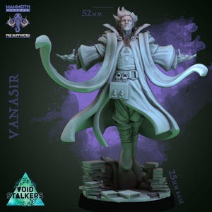 May include: A gray 3D-printed miniature of Vanasir, a fantasy character, with outstretched arms and flowing robes. The figure stands on a base with books, and the base measures 25mm. The figure is 52mm tall. The Mammoth Factory and Void Stalkers logos are visible.