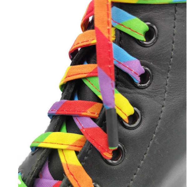 Super Pride Fabric Laces, handmade in Quebec. Plasticized tips. Dr Martens, Converse, Rainbow LGBTQI+ Pride