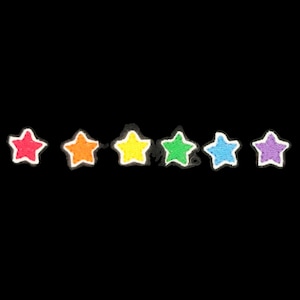 May include: A row of six embroidered stars in rainbow colours, from red to purple.