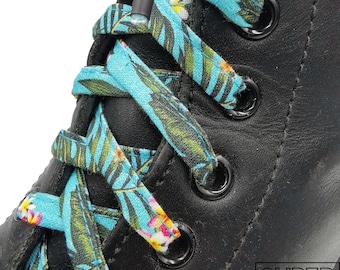 Super Hawaii Laces, fabric, Flowers on a turquoise background, Sea, handmade in Quebec, gift, Canada. Tips. Dr Martens, Converse, Vans