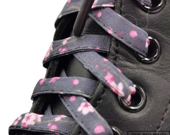Super Sakura laces, pink cherry blossoms on a plum fabric background, handmade in Quebec. Plasticized tips. Dr. Martens, Converse