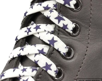 Super Blue star laces on a white background, in fabrics, handmade in Quebec. Plasticized tips. Dr Martens, Converse, vans