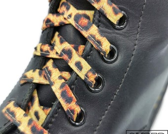 Super Laces Leopard 2.0, beige and brown fabrics, handmade in Quebec. Plasticized tips. Dr Martens, Converse, Vans, gift,
