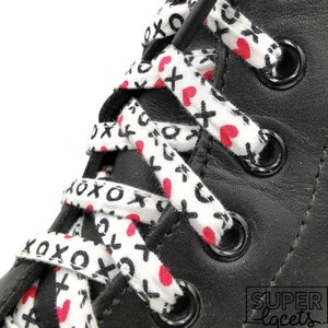 Super XOXO Laces, cuddly kisses, hearts, friends, in fabric. Plasticized tips. Dr. Martens, Converse, vans. Long lengths. image 1