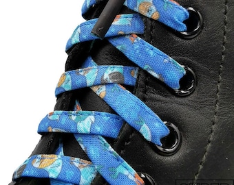 Super Morse Hipster Laces, Blue fabric laces, handmade in Quebec. Plastic tips. Dr Martens, Converse, Vans, men's gift