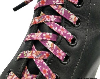 Super “Spring in Guainville” fabric laces, handmade in Quebec. Plasticized tips. Dr Martens, Converse, Vans, women's gift