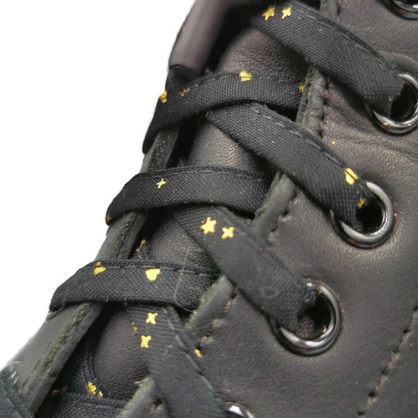 Super Black and Gold Fabric Laces, handmade in Quebec. Shiny gold laces, plasticized tips. Dr Martens, Converse, Vans, gift