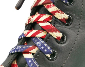 Super Lacets Born In The USA in fabrics, handmade in Quebec. Plastic tips. Dr Martens, Converse, Vans, stars, red, USA