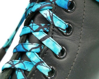 Super Blue Laces with Haunted Forest, Glow in the dark in fabrics, handmade in Quebec. Plasticized tips. Dr Martens, Converse, vans