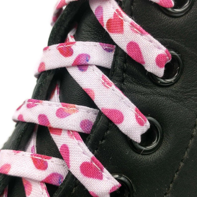 Super pink laces with pink fabric hearts. Laminated tips, Dr Martens, Converse, Vans, Mother's Day. 8 eyelet laces. image 1