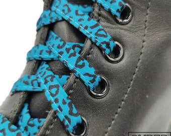 Super Leopard Teal laces in fabrics, handmade in Quebec. Plastic tips. Dr Martens, Converse, Vans, Gift, Punk