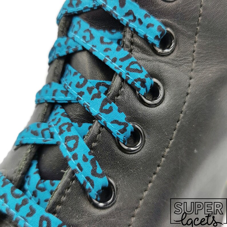Super Leopard Teal laces in fabrics, handmade in Quebec. Plastic tips. Dr Martens, Converse, Vans, Gift, Punk image 1