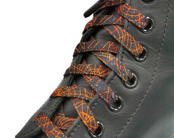 Super Cribella laces, in fabrics, Grey, black and orange. Spider web. made in Quebec. Laminated tips, Dr Martens, Vans, Converse.