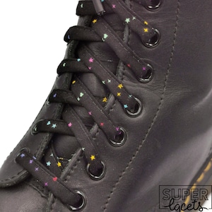 Super Black and Multicolored Fabric Laces, Handmade in Quebec. Rainbow Laces Plastic Tips. Dr Martens, Converse, Vans
