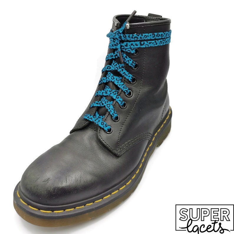 Super Leopard Teal laces in fabrics, handmade in Quebec. Plastic tips. Dr Martens, Converse, Vans, Gift, Punk image 7