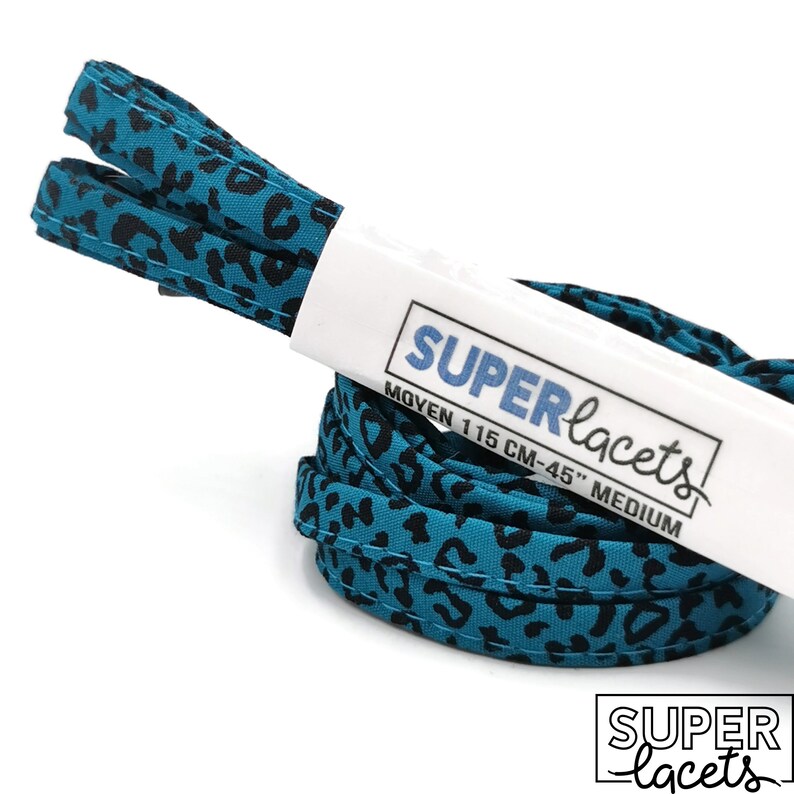 Super Leopard Teal laces in fabrics, handmade in Quebec. Plastic tips. Dr Martens, Converse, Vans, Gift, Punk image 4