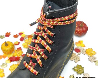 Super Laces Fall Chicken Foot in fabrics, handmade in Quebec. Plasticized tips. Dr. Martens, Converse,