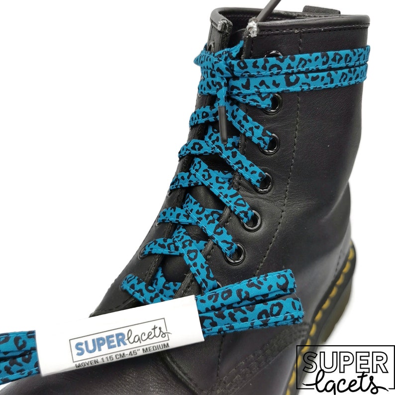 Super Leopard Teal laces in fabrics, handmade in Quebec. Plastic tips. Dr Martens, Converse, Vans, Gift, Punk Large 8 trous /54"