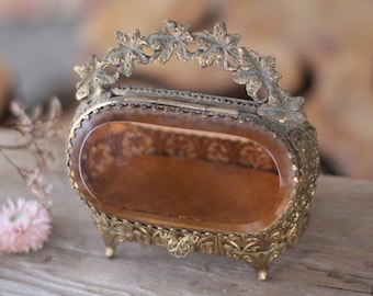 Antique Rare Jewelry Box Vintage Beveled Amber Glass Rose Bronze Unique Jewelry Boho Trinket Floral French Victorian Gold Glass Jewelry Box