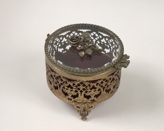 Antique French Victorian Jewellery Box, Rare Vintage Floral Bronze Jewelry Box, Unique Gold Rose Matson Filigree Ormolu Casket Beveled Glass