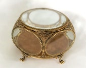 Antique Lion Feet Beveled Glass Filigree French Victorian Jewelry Box, Rare Vintage Bronze Stylebuilt Jewelry Box Gold Matson Ormolu Casket