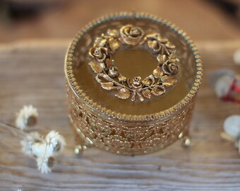 Antique Rare Jewelry Box Vintage Beveled Amber Glass Rose Bronze Unique Jewelry Boho Trinket Floral French Victorian Gold Glass Jewelry Box
