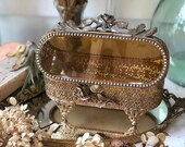 Antique Rare Jewelry Box Vintage Beveled Amber Glass Rose Bronze Unique Jewelry Boho Trinket Floral French Victorian Gold Glass Jewelry Box