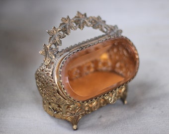 Antique Rare Jewelry Box Vintage Beveled Amber Glass Rose Bronze Unique Jewelry Boho Trinket Floral French Victorian Gold Glass Jewelry Box