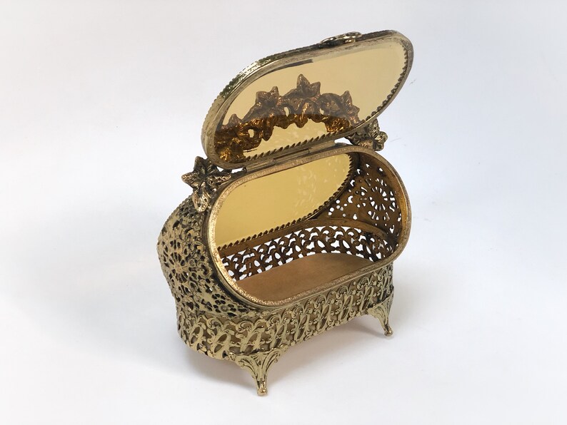 Antique Rare Jewelry Box Vintage Beveled Amber Glass Rose Bronze Unique Jewelry Boho Trinket Floral French Victorian Gold Glass Jewelry Box