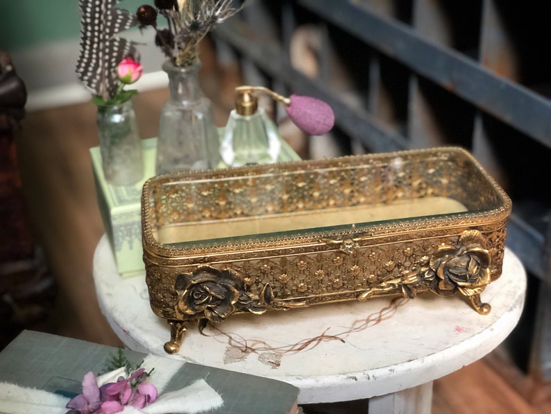 White Gold Matson Filigree Ormolu Casket Beveled Glass Antique Floral French Victorian Jewellery Box Rare Vintage Lace Bronze Jewelry Box